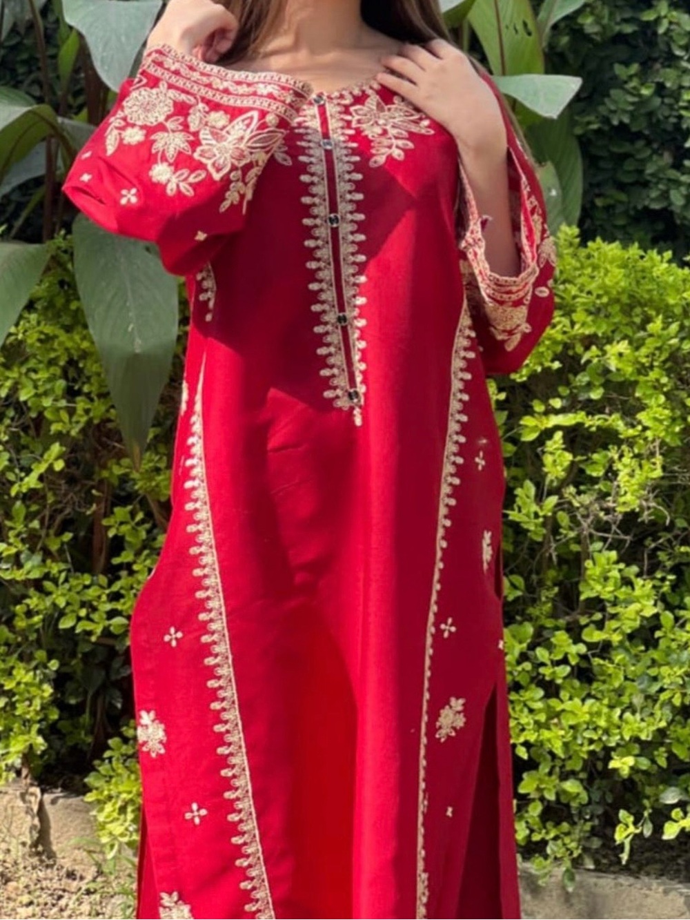 Red Embroidered Long-Sleeve Women's Dress